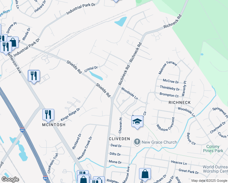 map of restaurants, bars, coffee shops, grocery stores, and more near 407 Richneck Road in Newport News
