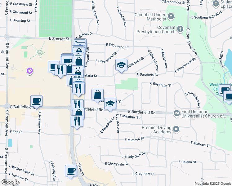 map of restaurants, bars, coffee shops, grocery stores, and more near 2862 South Luster Avenue in Springfield