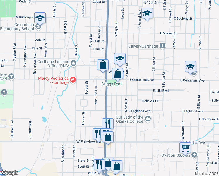 map of restaurants, bars, coffee shops, grocery stores, and more near 1624 South Garrison Avenue in Carthage