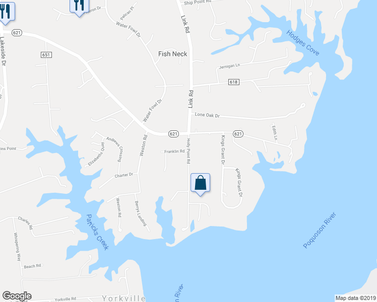 map of restaurants, bars, coffee shops, grocery stores, and more near 7 Franklin Road in Yorktown