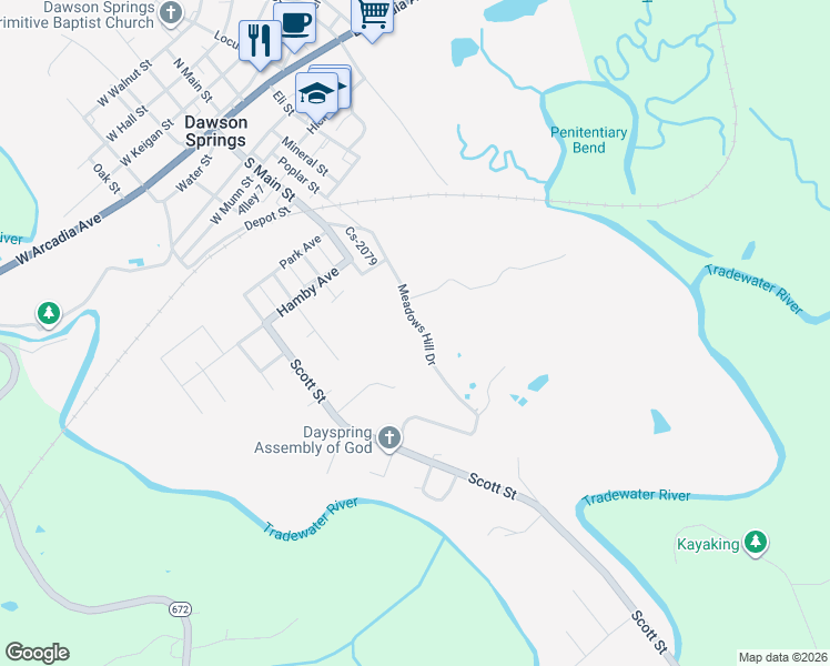 map of restaurants, bars, coffee shops, grocery stores, and more near 562-708 Meadows Hill Drive in Dawson Springs