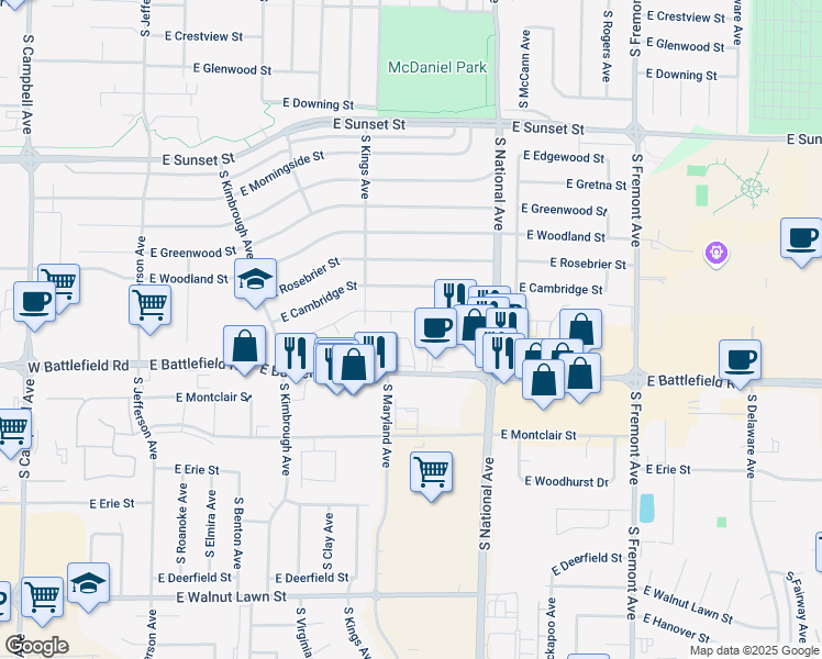 map of restaurants, bars, coffee shops, grocery stores, and more near 2933 South Lancelot Court in Springfield
