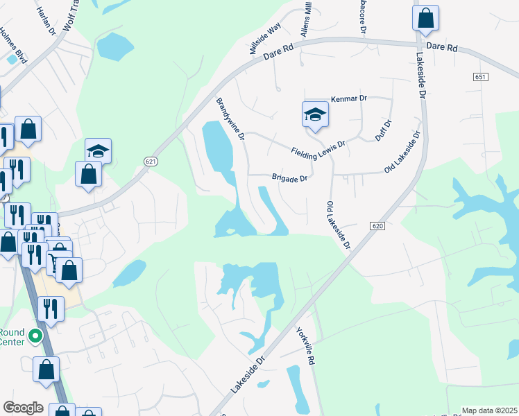 map of restaurants, bars, coffee shops, grocery stores, and more near 141 Brandywine Drive in Yorktown