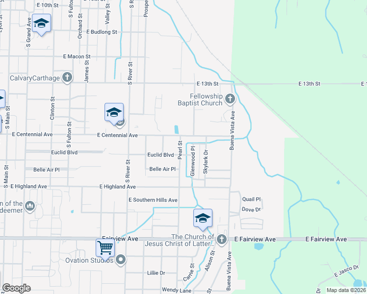 map of restaurants, bars, coffee shops, grocery stores, and more near 1620 Pearl Street in Carthage