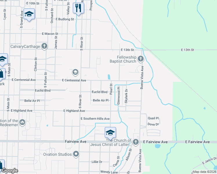 map of restaurants, bars, coffee shops, grocery stores, and more near 1620 Pearl Street in Carthage