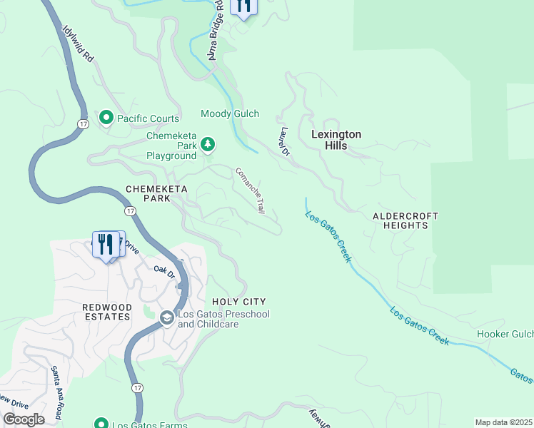 map of restaurants, bars, coffee shops, grocery stores, and more near 20964 Comanche Trail in Los Gatos