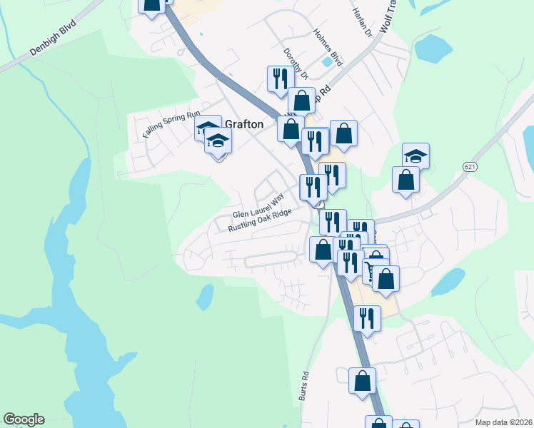 map of restaurants, bars, coffee shops, grocery stores, and more near 136 Rustling Oak Ridge in Yorktown