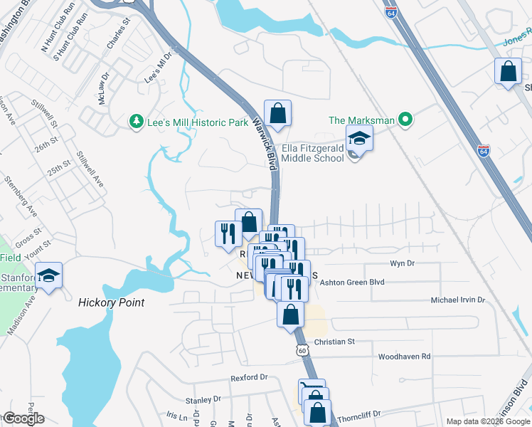 map of restaurants, bars, coffee shops, grocery stores, and more near 15600 U.S. 60 in Newport News