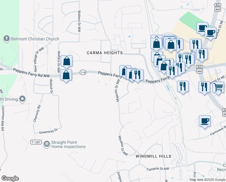 map of restaurants, bars, coffee shops, grocery stores, and more near 200 Majestic Drive in Christiansburg