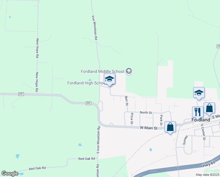 map of restaurants, bars, coffee shops, grocery stores, and more near 1230 School Street in Fordland