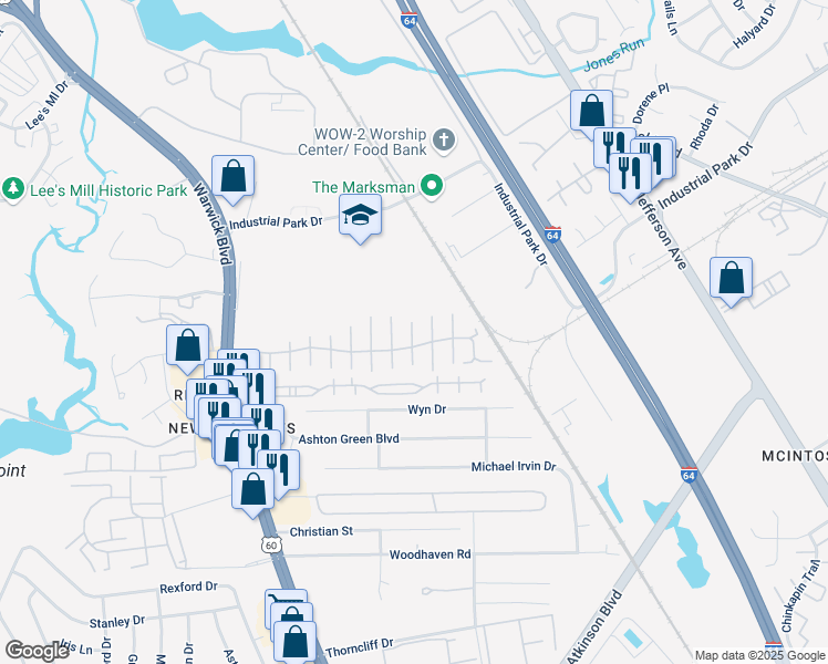 map of restaurants, bars, coffee shops, grocery stores, and more near 481-489 Merry Oaks Drive in Newport News