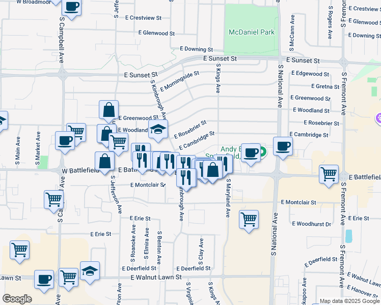 map of restaurants, bars, coffee shops, grocery stores, and more near 801 East Guinevere Street in Springfield