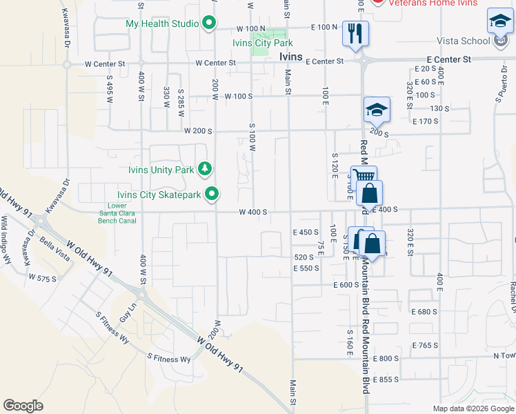 map of restaurants, bars, coffee shops, grocery stores, and more near 387 South 100 West in Ivins