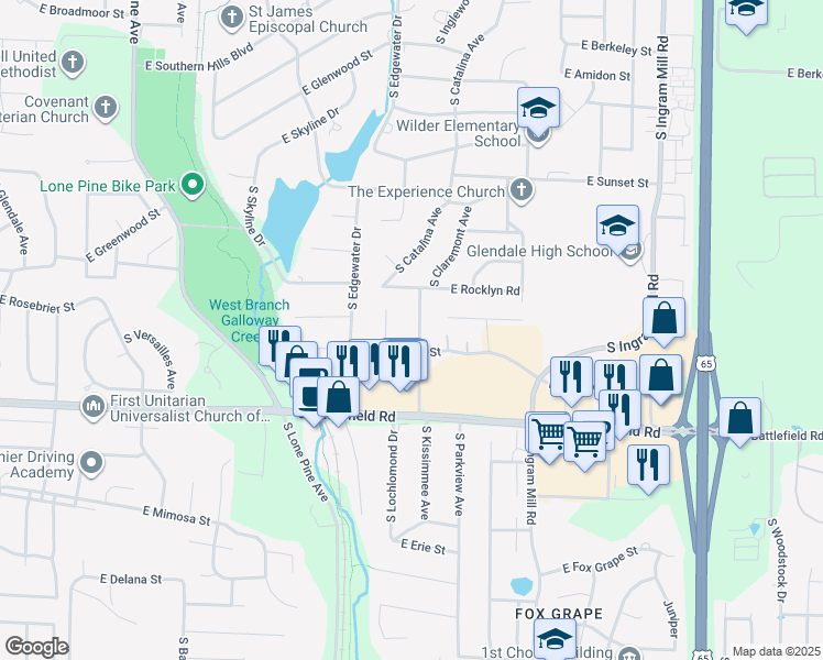 map of restaurants, bars, coffee shops, grocery stores, and more near 2833 South Claremont Avenue in Springfield