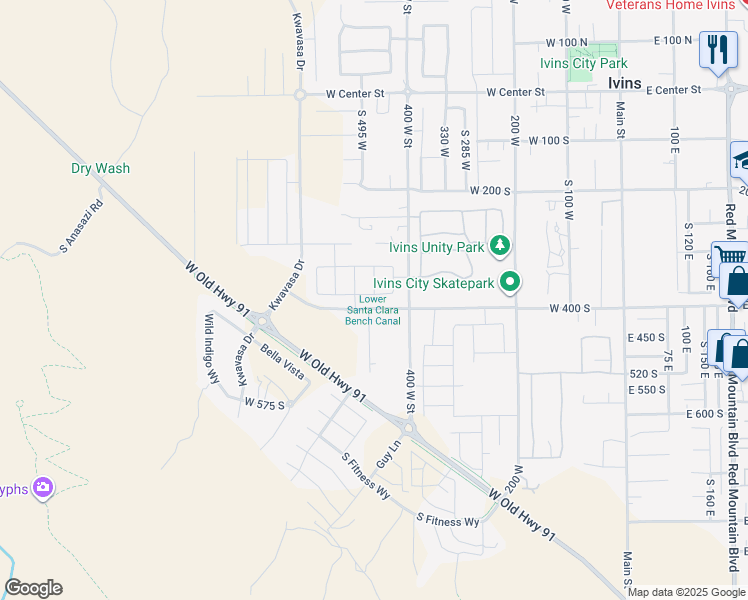 map of restaurants, bars, coffee shops, grocery stores, and more near 463 Cougar Way in Ivins
