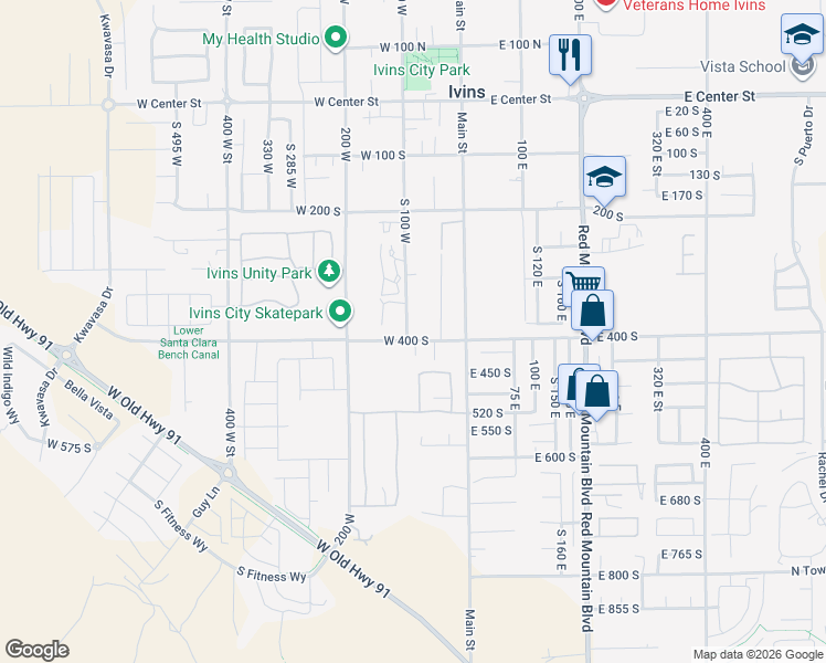 map of restaurants, bars, coffee shops, grocery stores, and more near 387 South 100 West in Ivins