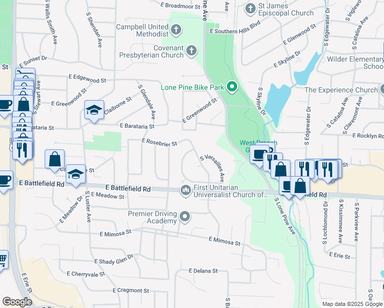 map of restaurants, bars, coffee shops, grocery stores, and more near 2861 South Chambery Avenue in Springfield
