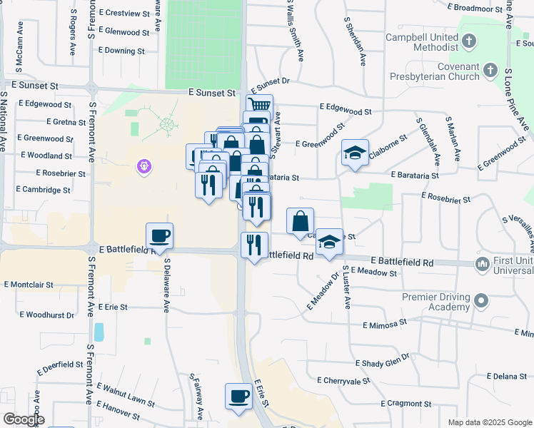 map of restaurants, bars, coffee shops, grocery stores, and more near 2865 South Stewart Avenue in Springfield