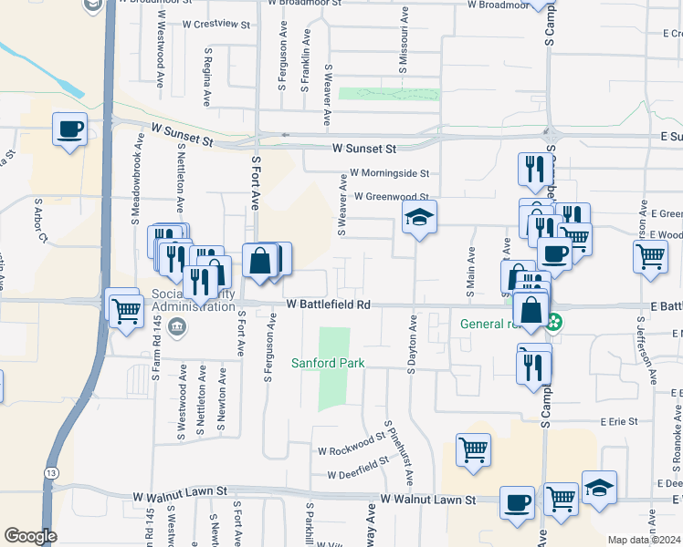 map of restaurants, bars, coffee shops, grocery stores, and more near 923 West Battlefield Road in Springfield