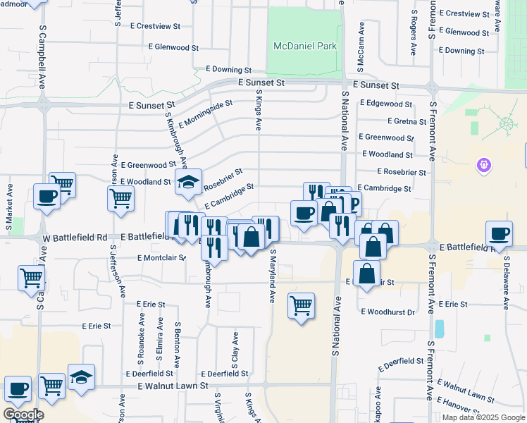map of restaurants, bars, coffee shops, grocery stores, and more near 2928 South Kings Court in Springfield