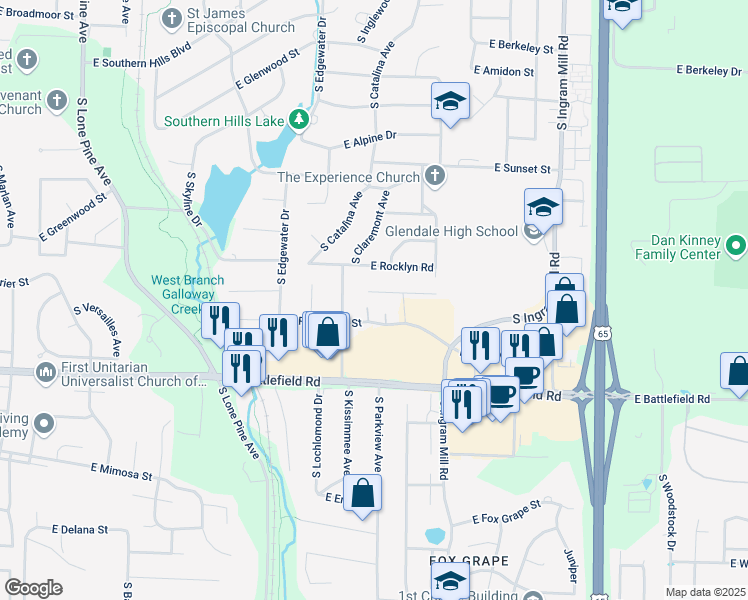 map of restaurants, bars, coffee shops, grocery stores, and more near 3035 East Ridgeview Street in Springfield