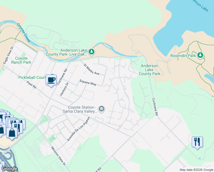 map of restaurants, bars, coffee shops, grocery stores, and more near 18645 Corte Arcangel in Morgan Hill