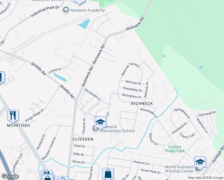 map of restaurants, bars, coffee shops, grocery stores, and more near 838 Melrose Terrace in Newport News