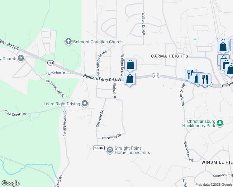 map of restaurants, bars, coffee shops, grocery stores, and more near 35 South Dudley Drive Northwest in Christiansburg