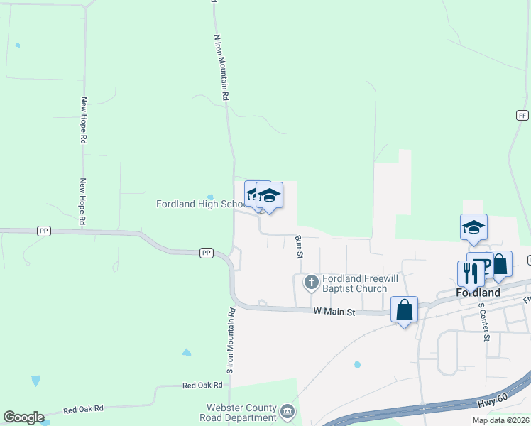 map of restaurants, bars, coffee shops, grocery stores, and more near 1028-1036 School St in Fordland