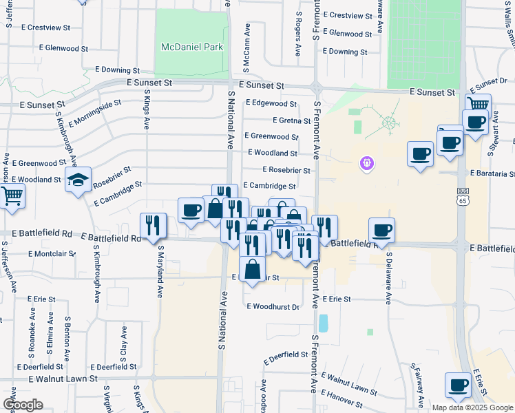 map of restaurants, bars, coffee shops, grocery stores, and more near 1242 East Guinevere Street in Springfield