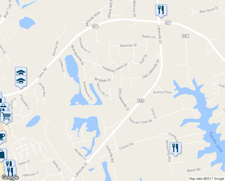 map of restaurants, bars, coffee shops, grocery stores, and more near 402 Gaines Way in Yorktown
