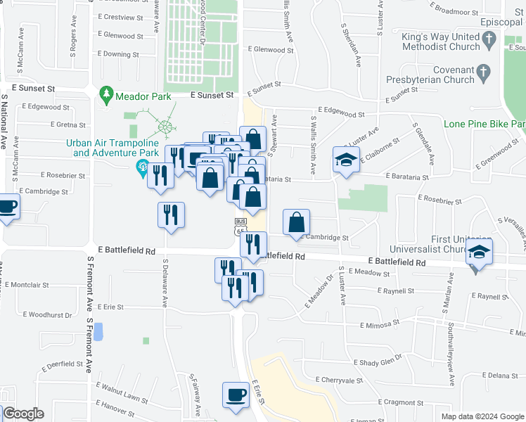 map of restaurants, bars, coffee shops, grocery stores, and more near 2857 South Stewart Avenue in Springfield