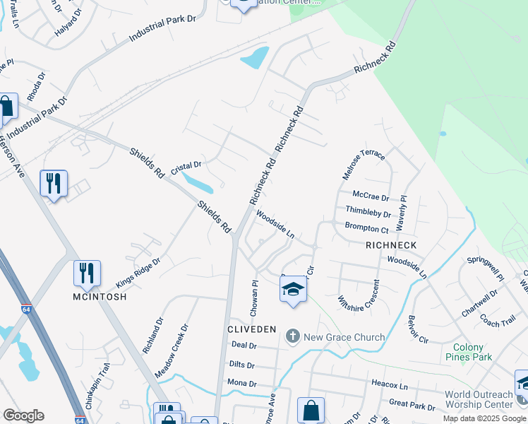 map of restaurants, bars, coffee shops, grocery stores, and more near 428 Peachwood Court in Newport News