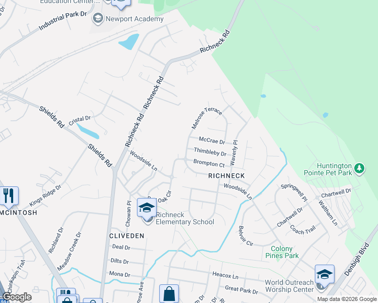 map of restaurants, bars, coffee shops, grocery stores, and more near 853 Brompton Court in Newport News