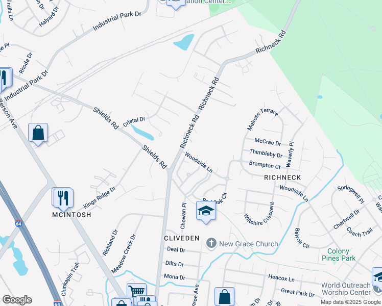 map of restaurants, bars, coffee shops, grocery stores, and more near 428 Peachwood Court in Newport News