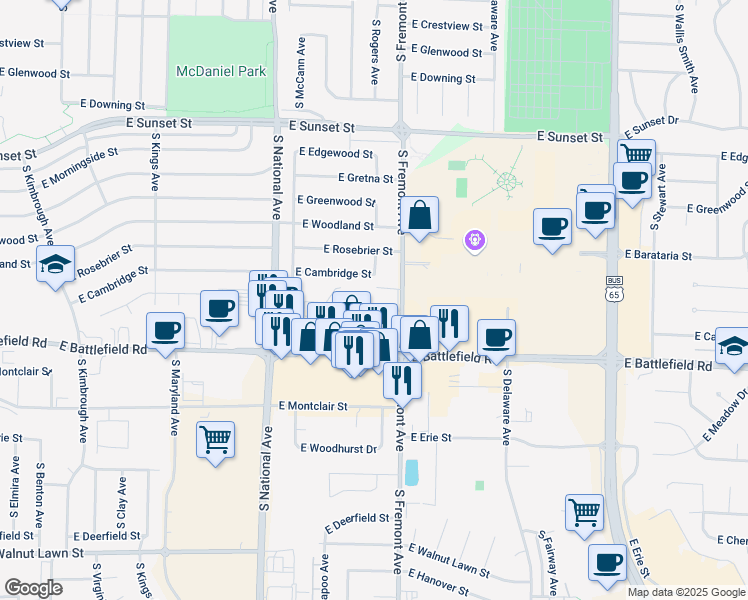 map of restaurants, bars, coffee shops, grocery stores, and more near 2915 S Fremont Ave in Springfield