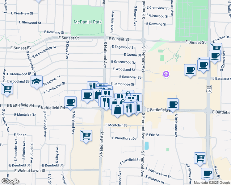 map of restaurants, bars, coffee shops, grocery stores, and more near 1242 East Guinevere Street in Springfield