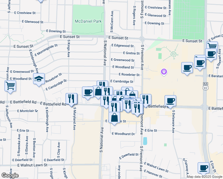 map of restaurants, bars, coffee shops, grocery stores, and more near 1242 East Guinevere Street in Springfield