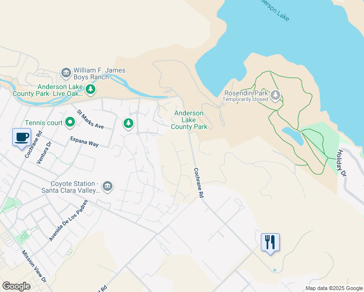 map of restaurants, bars, coffee shops, grocery stores, and more near 18541 Corte Saravia in Morgan Hill
