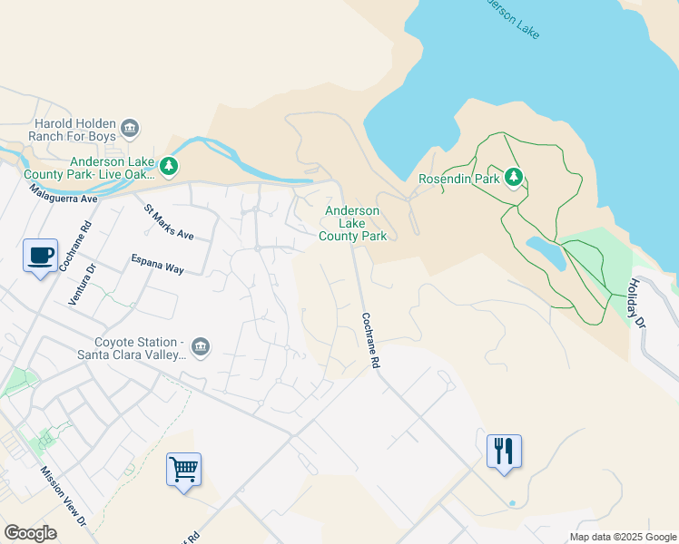 map of restaurants, bars, coffee shops, grocery stores, and more near 18541 Corte Saravia in Morgan Hill