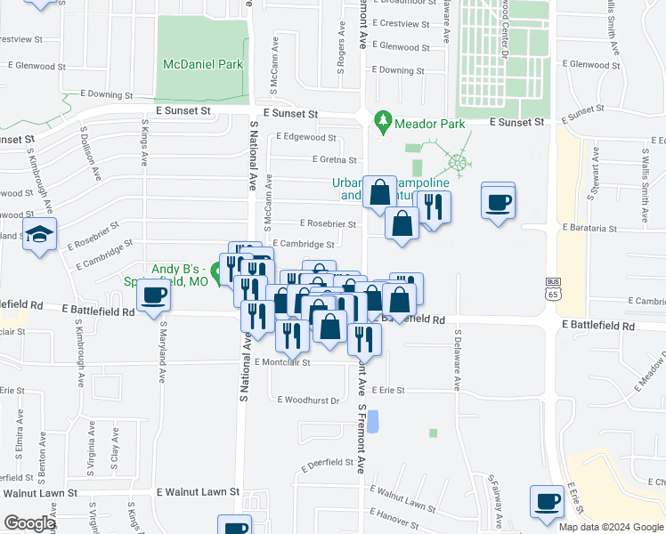 map of restaurants, bars, coffee shops, grocery stores, and more near 2915 South Fremont Avenue in Springfield