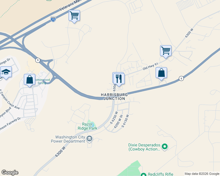 map of restaurants, bars, coffee shops, grocery stores, and more near 6325 West 25 North in Hurricane