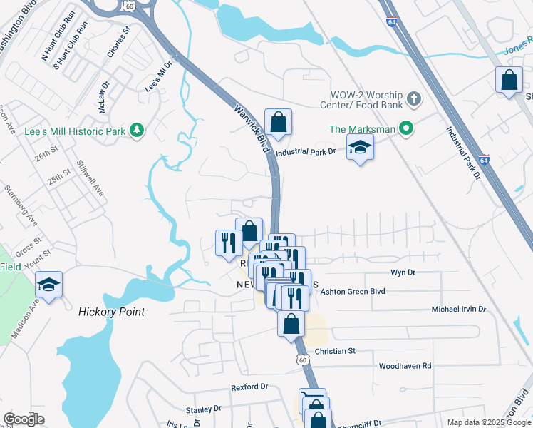 map of restaurants, bars, coffee shops, grocery stores, and more near 15600 U.S. 60 in Newport News