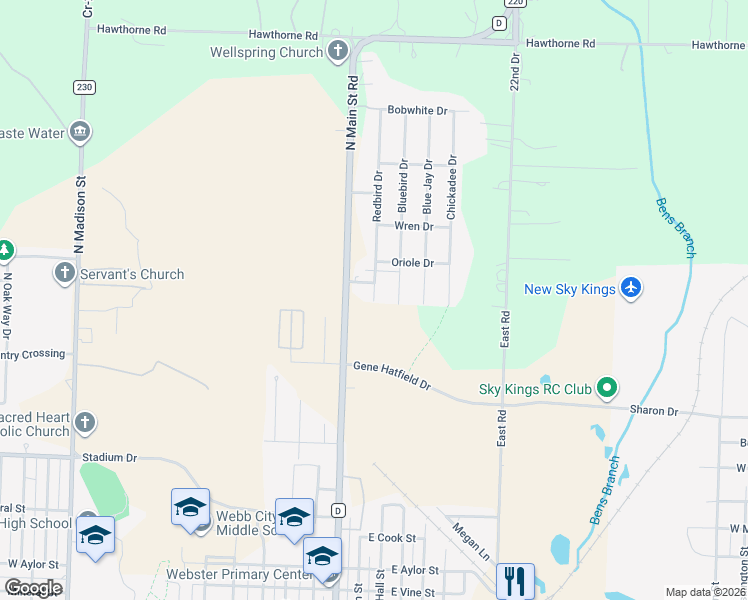map of restaurants, bars, coffee shops, grocery stores, and more near 1701 Redbird Drive in Webb City