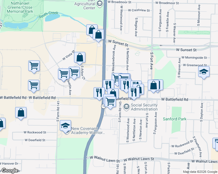 map of restaurants, bars, coffee shops, grocery stores, and more near 2871 South Meadowbrook Avenue in Springfield