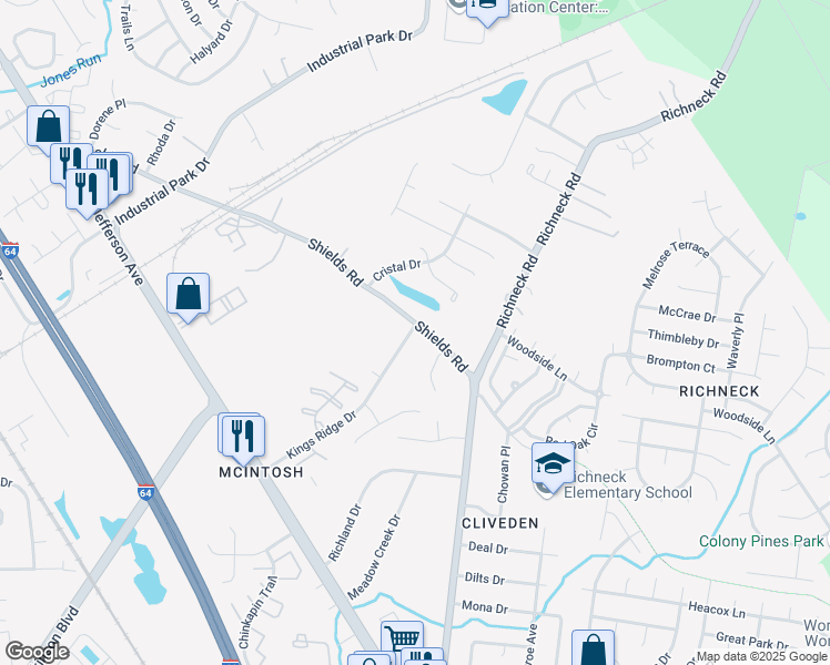 map of restaurants, bars, coffee shops, grocery stores, and more near 800 Shields Road in Newport News
