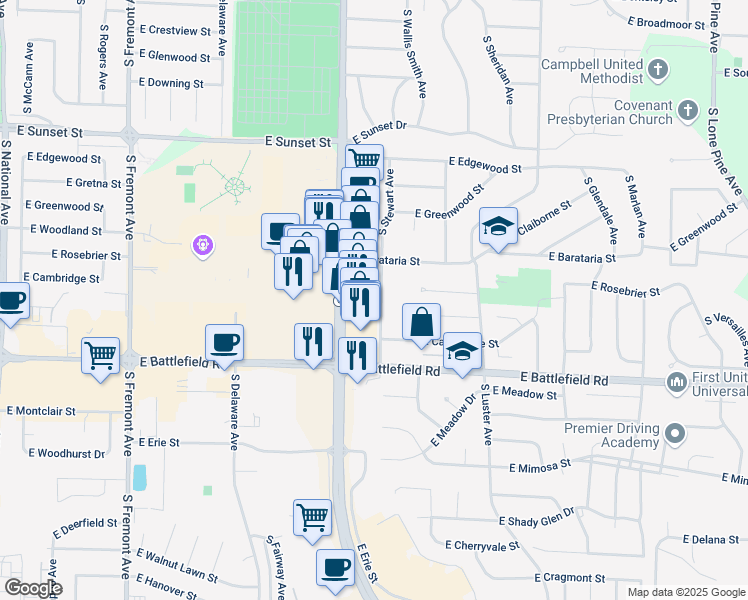 map of restaurants, bars, coffee shops, grocery stores, and more near 2865 South Stewart Avenue in Springfield