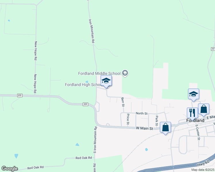 map of restaurants, bars, coffee shops, grocery stores, and more near 1248 School Street in Fordland