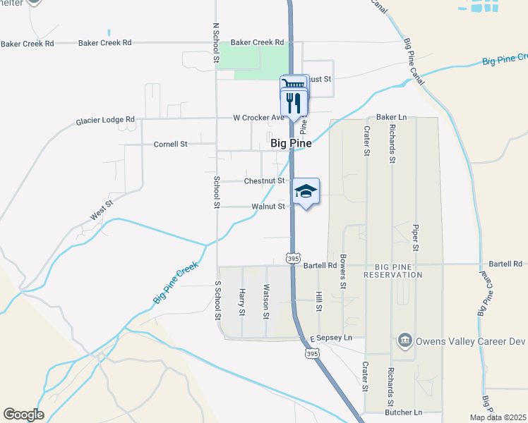 map of restaurants, bars, coffee shops, grocery stores, and more near 180 Walnut Street in Big Pine