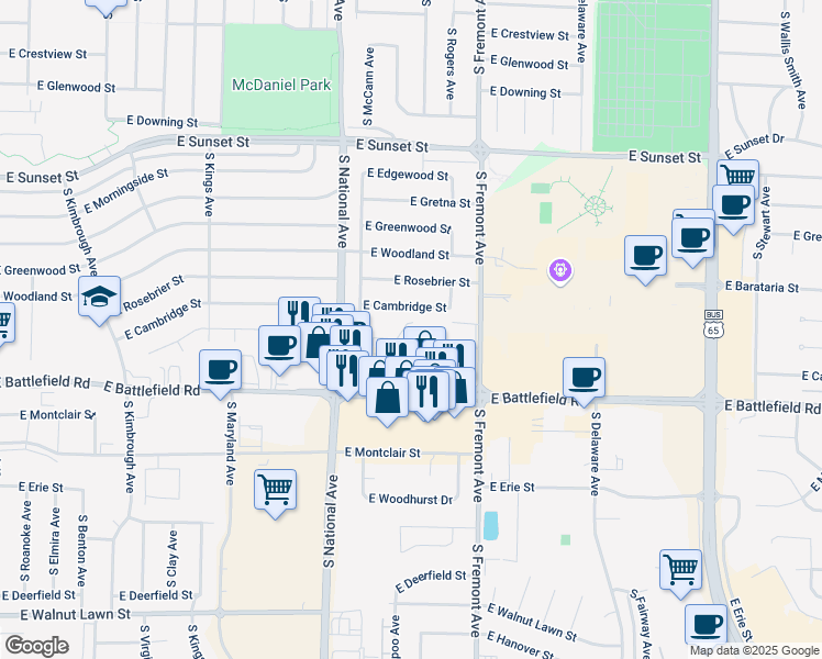 map of restaurants, bars, coffee shops, grocery stores, and more near 1270 East Guinevere Street in Springfield